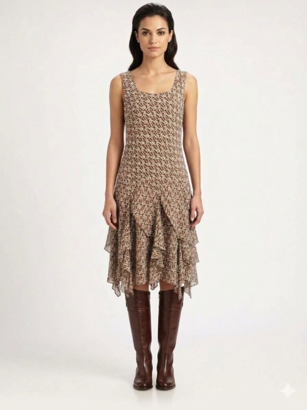 Signature by Robbie Bee Brown Tan Abstract Tiered Ruffle Hem Midi Dress 12 Y2K